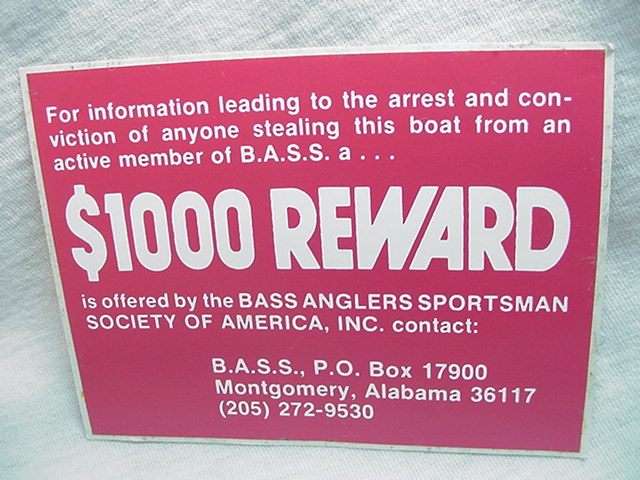 ★稀少！当時物！B.AS.S  バスアングラーズスポーツマンソサエティー！$1000 ＲＥＷＡＲＤ